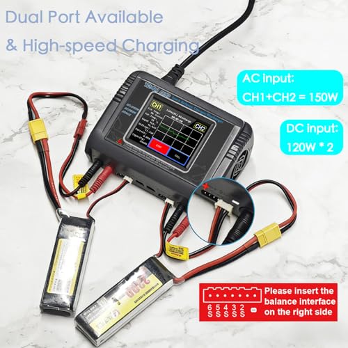T240 Battery Charger Discharger for LiPo/LiHV/Life/NiMH/NiCd, 3.2’’ Large Touchscreen & Dual Port Available, AC/DC Input & 0.1-10A Adjustable Current