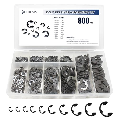 Retaining Rings E Clip Assortment Kit, 800 Pcs, 10-Sizes, INCH | Manganese Steel, Industrial Grade E-Rings, For Automotive, Machinery, Bicycle & DIY Projects