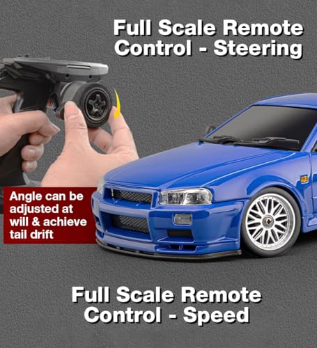 LD1899 1/18 Scale RC Drift Car, GTR R34 2.4GHz RWD Mini Model Car with Gyro, Alloy Body Shell Racing Cars for Adults Toys (Blue) - color: Blue
