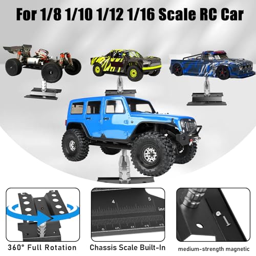 RC Car Work Stand Adjustable Height Lift Lower 360° Rotation Aluminum RC Repair Stand & Small Screw Tray Fit for 1/8 1/10 1/12 1/14 For Traxxa Axial Arrma Redcat RC Crawler Monster Truck Buggy（Black） - color: Black