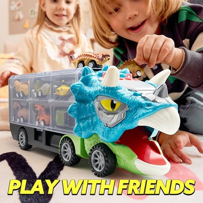 JOYIN 13 in 1 Dinosaur Toys for Kids 3-5, Triceraptor Dinosaur Truck with 12 Pull Back Cars, Birthday Gifts Toys for 3 4 5+ Year Old Boy, Transport Carrier Truck for Toddlers 3-4 Years - style: Triceratops Truck