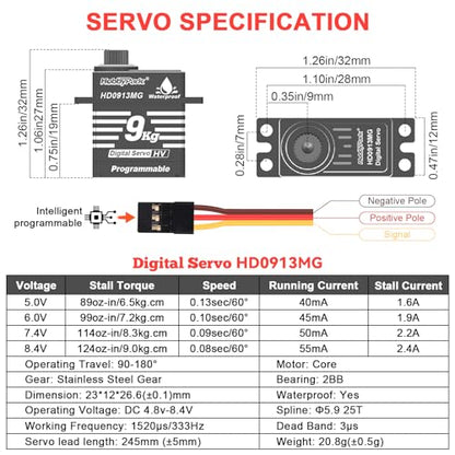 HobbyPark Waterproof 9kg High Torque Sub-Micro Steering Servo for TRX4M 1/18 Crawler & Shift Servo for TRX4 SCX10 1/10 Scale Crawler Digital Metal Gear Aluminum Shell Programmable Arduino Servo 180°