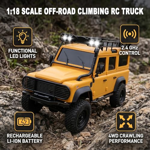1/18 Scales Remote Control Truck, MN-111 Remote Control Crawler with LED Lights, 2.4GHz Four Wheel Drive Rechargeable Climbing RC Truck for Teens Adults (Yellow) - color: Yellow