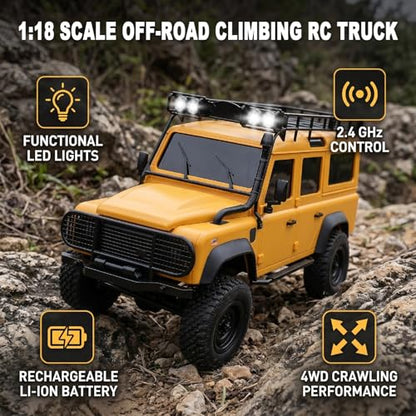 1/18 Scales Remote Control Truck, MN-111 Remote Control Crawler with LED Lights, 2.4GHz Four Wheel Drive Rechargeable Climbing RC Truck for Teens Adults (Yellow) - color: Yellow