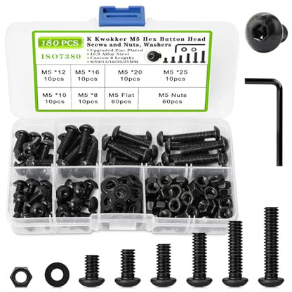 180PCS M5 Nuts and Bolts Assortment Kit 8mm-25mm, Upgraded Zinc Plated Metric Button Head Hex Socket Cap Machine Screws 10.9 Alloy Steel M5 Screw Assortment, 6 Lengths Bolts and Nuts Kit - size: C.M5