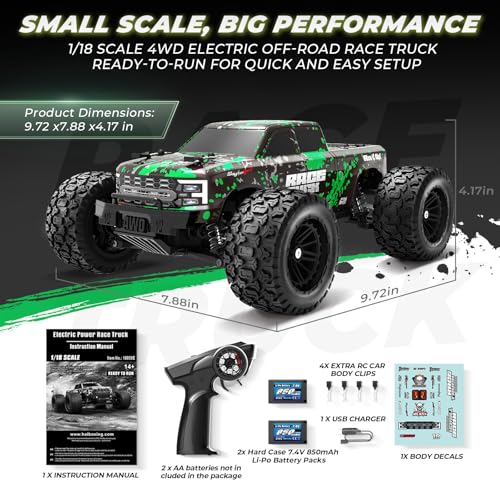 HAIBOXING 18859E 1:18 RC Truck Bundle, Green & Orange 4X4 Off-Road Vehicles, 36km/h High-Speed Hobby Grade Car, 2.4GHz Remote Control, Water-Resistant, Includes Two 7.4V Li-Po Batteries