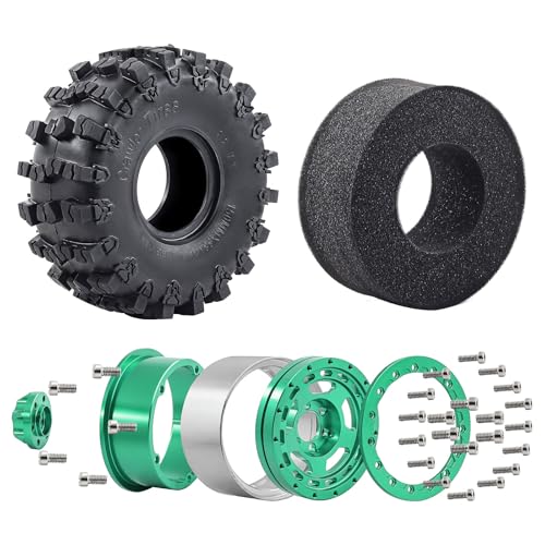2.2" Beadlock Wheel Rims and Rubber Crawler Tires 150mm (5.91in) for 1/10 RC Crawler SCX10 RBX10 Wraith TRX4 (Green) - color: Green