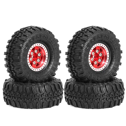 REDSPIDER 1.0 Beadlock Wheels and Crawler Tires 4pcs Aluminum Rim for RC Crawler Axial SCX24 Gladiator Bronco C10 Deadbolt FCX24 (Red) - color: Red