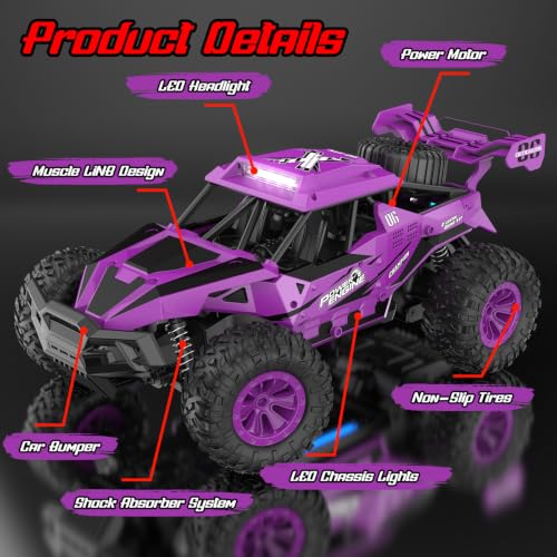 BLUEJAY Remote Control Car, 2.4GHz High Speed 33KM/H RC Cars Toys | 1:12 Monster RC Truck Off Road with LED Headlight and Rechargeable Battery Gifts for Adults Boys 8-12 - color: Purple