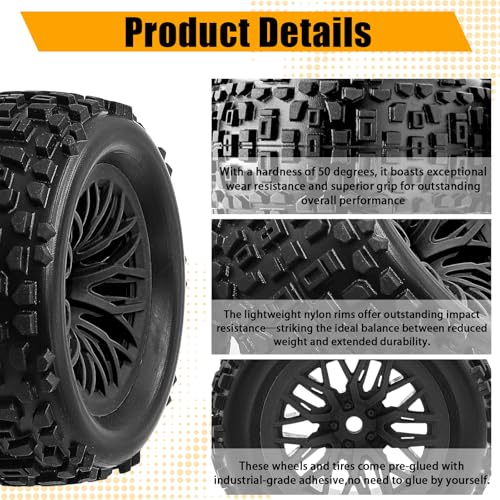 Pre-Glued 1/16 & 1/18 RC Monster Truck Tires, Soft Rubber Tire and Nylon Wheels Rims with 12mm hex Compatible with ARRMA 1/18 Granite/Typhon Grom, WLtoys A949, MJX Hyper Go H16 RC Buggy, 4PCS (Black) - color: Black