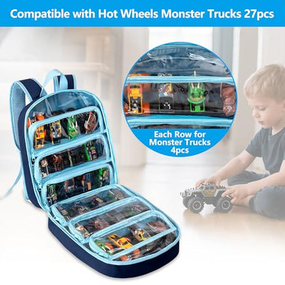LoDrid Toy Car Storage Compatible with Hot Wheels Monster Trucks up to 27pc | Travel Truck Carrying Case for 1:64 Scale Toy Cars with 6 Clear Pockets and Front Pocket, Bag Only