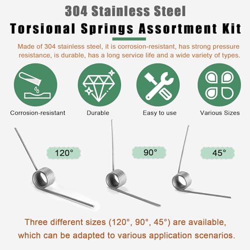 50Pcs Torsional Springs Assortment Kit 15 Sizes 304 Stainless Steel,45/90/120 Degree for Home Repairs & DIY Springs Assortment