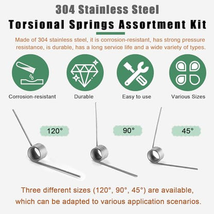 50Pcs Torsional Springs Assortment Kit 15 Sizes 304 Stainless Steel,45/90/120 Degree for Home Repairs & DIY Springs Assortment