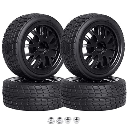 Pre-Glued OD 2.56" 12mm Hex Wheels Rims & Rubber Tires 26mm for 1/10 Scale On Road Racing Car Drift RC Touring Car, Set of 4 (Color D) - color: Color D