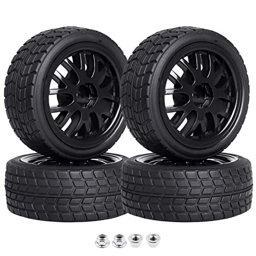 Pre-Glued OD 2.56" 12mm Hex Wheels Rims & Rubber Tires 26mm for 1/10 Scale On Road Racing Car Drift RC Touring Car, Set of 4 (Color D) - color: Color D