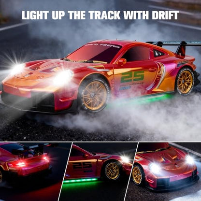 RC Drift Car,1:24 Scale Remote Control Vehicle for Kids,20KM/H 4WD High Speed RC Cars with LED Lights,2 Batteries & Drift Tires Racing Toy for Adults,Kids,Boys and Girls