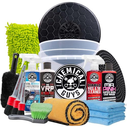 Chemical Guys Complete Car Detailing Kit, 17 Items | Car wash soap, wheel cleaner, bucket, and brushes, 17 piece wash kit, complete DIY car wash and detail kit