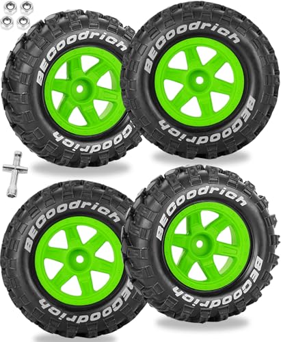RC Wheels and Tires Off-Road Buggy Tires for 1/12 1/14 1/16 RC Off Road Monster Truck E-REVO Summit REDCAT HPI SAVAGEGT-2XS Volcano-16,1/12 1/14 1/16 Wheels Tires Set Pre-glued,Green