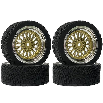 4PCS 65mm RC Rally Car Rubber Tires and Plastic Plating Wheel Rims Set 12mm Hex for 1/10 RC On-Road Rally Drift Racing Car for HSP Tamiya Sakura HPI WR8 HSP TT02 WLtoys (Gold Silver) - color: Gold Silver
