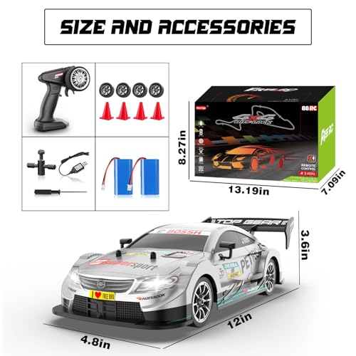 1/16 RC Drift Car, 2.4GHz 4WD Remote Control Drift Car, 30+KM/H High Speed Drift RC Cars with LED Lights 2 Batteries and Drift Tires Race Cars for Adults Boys Kids, Sliver - color: Silver