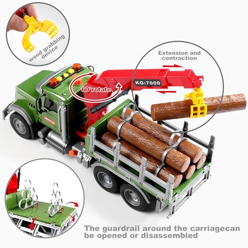 Dwi Dowellin Kids Toys for 3 4 5 6 7 Years Old Boys,15" Large Timber Truck with Loading Crane and 6 Trunks,Birthday Gifts for Boy Toddler Child - style: farm truck