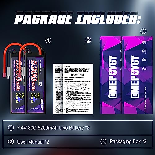 7.4V Lipo Battery 2S 5200mAh 80C Lipos Hard Case with T Connector for RC Car Trucks 1/8 1/10 RC Vehicles(2 Packs) - color: T