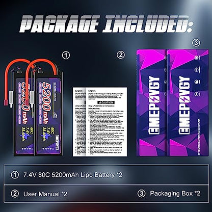 7.4V Lipo Battery 2S 5200mAh 80C Lipos Hard Case with T Connector for RC Car Trucks 1/8 1/10 RC Vehicles(2 Packs) - color: T