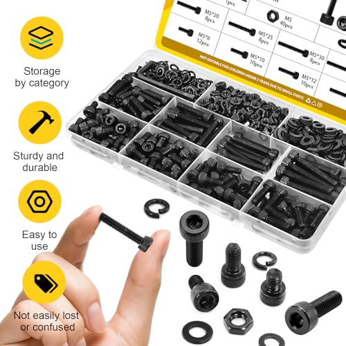 272PCS M5 Screws, Nuts and Washers Assortment kit, M5x8/10/12/16/20/25/30/35 mm Hex Socket Head Cap Bolts Assorted Set - 12.9 Alloy Steel, Black Zinc Plated Anti-Rust - size: M5 272pcs