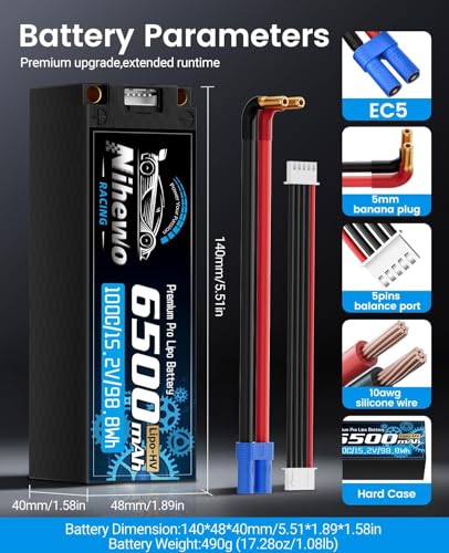 4S LiPo Battery HV 15.2V 6500mAh 100C Hardcase 5mm Banana&EC5 2Packs | 4S 6500mAh Large Hard-case Lithium Battery 5mm Banana + EC5 Plug, Compatible with 1/6 1/7 RC Car Truck Vehicle Buggy Boat