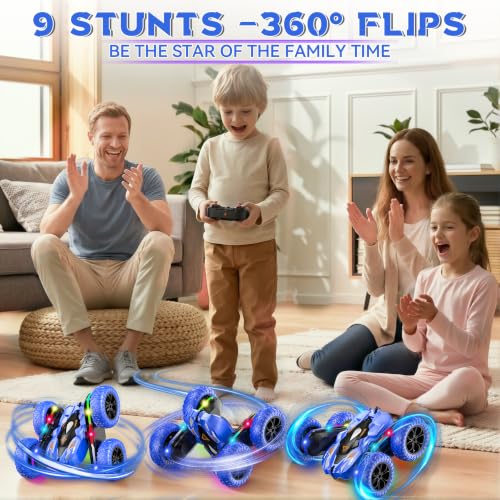 Wedopro RC Car for Boy Ages 6-12: 2 Batteries 360° Stunt Rotating 4WD Remote Control Toy with Headlights, Indoor Outdoor Birthday Gifts for Kids 6 7 8 9 10 11 12, Blue