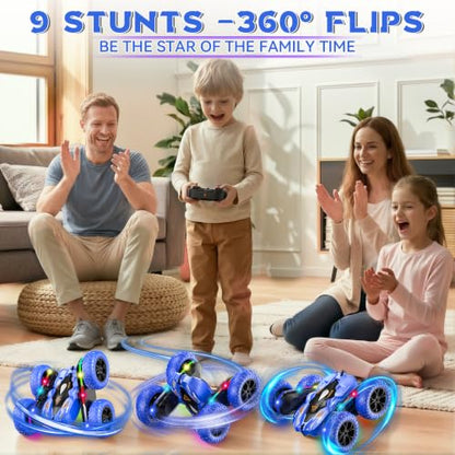 Wedopro RC Car for Boy Ages 6-12: 2 Batteries 360° Stunt Rotating 4WD Remote Control Toy with Headlights, Indoor Outdoor Birthday Gifts for Kids 6 7 8 9 10 11 12, Blue