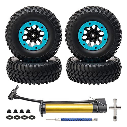 4-Pack 1/10 RC Crawler Tires and Wheels, 1.9 inch Plastic Beadlock Wheel Rim 12mm Hex Hub Off Road Crawling Rubber Tire OD 100mm, Blue