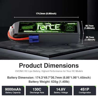 OVONIC Force Series 4S LiPo Battery 9000mAh 14.8V 130C RC attery with EC5 Connector (2 Pack)