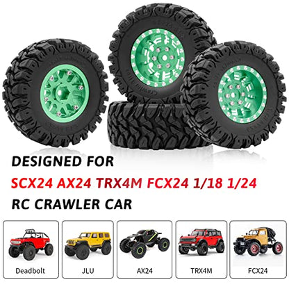 OGRC 1.3" Wheel and Tires 7mm Offset Beadlock Wheels for 1/24 1/18 RC Car | Aluminum, 7mm Hex, Soft and Sticky Tires, for TRX4M SCX24 RC Carwler Car, Green - color: Green