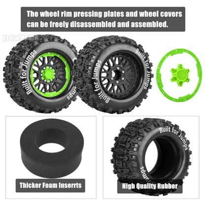 17mm Hex 1/7 1/8 1/10 RC Wheels and Tires for 1/10 Revo/Summit/T-Maxx/E-Revo,1/8 Kraton/Outcast/Fireteam/Notorious 6S,Sledge,1/7 Fireteam 6S,etc RC Monster Truck,(4Pcs) Green Black - color: Green Black - (Rc Truck Tires)