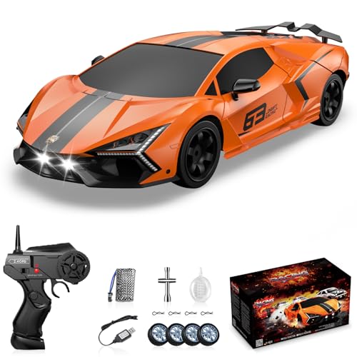 RC Drift Car 2.4GHz, Drifting RC Cars 1/24 4WD Drift Car Fast Remote Control Vehicle with LED Lights and Drifting Tires Racing Sport Toy Cars for Adults Boys Girls Kids - color: Orange+bk