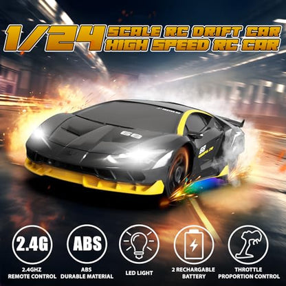 RC Drift Car Remote Control Car 2.4GHz 1/24 4WD 15KM/H High Speed Racing Sport with LED Lights Drifting Tire Toy for Adults Boys Girls Kids Gift - color: Black