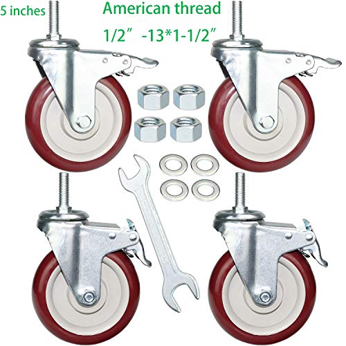 5 Inch Swivel Stem Casters Heavy Duty American Size UNC 1/2"-13x1-1/2 Stem Thread Wheels 360 Degree Durable Wheels Dual Safety Locks Castors with 900 Lbs Capacity Pack of Four - color: Red, size: 5 Inch