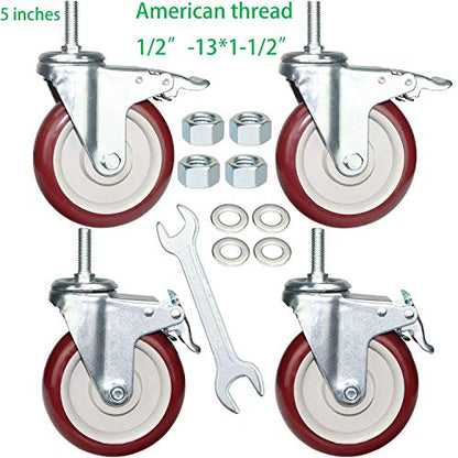 5 Inch Swivel Stem Casters Heavy Duty American Size UNC 1/2"-13x1-1/2 Stem Thread Wheels 360 Degree Durable Wheels Dual Safety Locks Castors with 900 Lbs Capacity Pack of Four - color: Red, size: 5 Inch