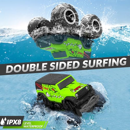 STEMTRON Amphibious Remote Control Car, 1:20 Monster Truck Toys | 2.4 GHz Waterproof RC Trucks, 4WD All Terrain Off-Road Pickup,Remote Control Boat Gifts for Kids Boys Girls - color: Green Suv, size: 1:20 Scale