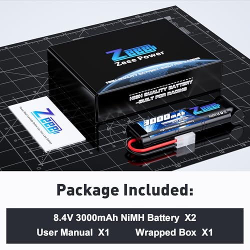 Zeee 8.4V 3000mAh NiMH Battery with Tamiya Plug (2 Pack) | High Power RC Battery for RC Car LOSI Associated HPI Tamiya Kyosho