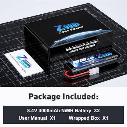 Zeee 8.4V 3000mAh NiMH Battery with Tamiya Plug (2 Pack) | High Power RC Battery for RC Car LOSI Associated HPI Tamiya Kyosho