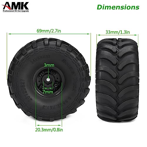 69 * 33mm Mud 1.0 Crawler Tires with 7mm Hex Hub Beadlock Wheel Rims for Monster Truck 1/24 RC Car Axial SCX24 AX24 FCX24 1/18 Scale TRX4M Upgrades