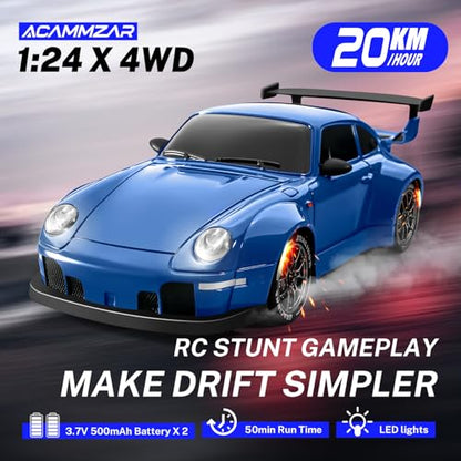 RC Drift Car, 1:24 Remote Control Car for Kids, 20KM/H 4WD High Speed RC Cars with LED Lights, Two Batteries, Extra Drifting Tires, Vehicle for Adults Boys Girls, Blue - color: Blue