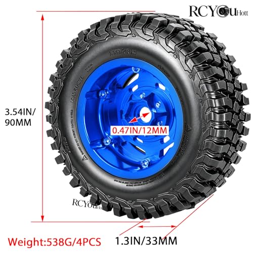 RC 1.9" Beadlock Wheels and Tires Set for 1/12 M-J-X H12Y H12Y+ H12P MN-128 RC Crawler,Wheels Tire OD 90MM/3.54",Aluminium Wheel Rims (4PCS),1.9" Beadlock Wheel Tires,Navy Blue - color: Navy Blue- (Wheel Tires)