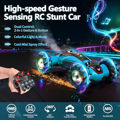Gesture Sensing RC Stunt Car with Light Music and Mist Spray for Kids 6+, 4WD Off-Road Drift Remote Control Car, 2.4GHz Glove Remote, Rechargeable Toy Vehicle for Boys and Girls Birthday Gift - color: Blue