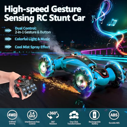 Gesture Sensing RC Stunt Car with Light Music and Mist Spray for Kids 6+, 4WD Off-Road Drift Remote Control Car, 2.4GHz Glove Remote, Rechargeable Toy Vehicle for Boys and Girls Birthday Gift - color: Blue