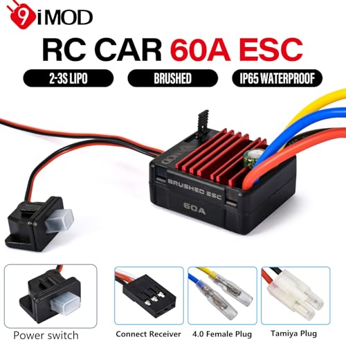 2026 New 60A Waterproof Brushed ESC 2-3S Electronic Speed Controller WP 1060 RC ESC Brushed with Power Witch for 1/10 Scale RC Crawler Car, Boats, Truck (Tamiya-Plug) - color: Black-white