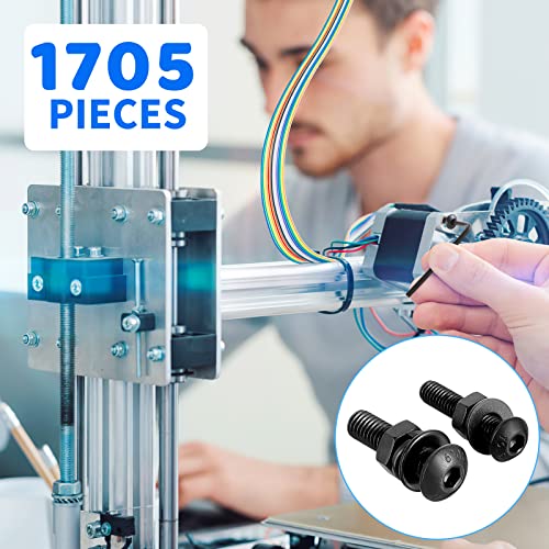 Besitu 1705 Pcs Machine Screw Assortment Kit, M2 M3 M4 M5 Metric Bolts and Nuts Kit with Lock and Flat Washers, Hex Button Head 10.9 Alloy Steel Cap Screw Set with Allen Wrench - color: Black-Hex Socket Button Head