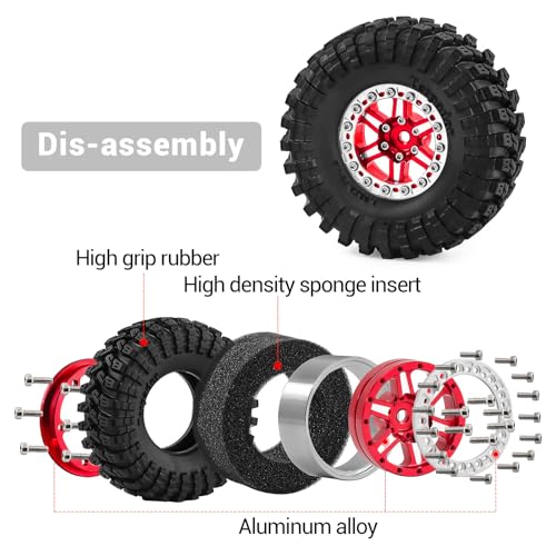 1.3" Wheels and Tires 70mm (2.76in) for SCX24 TRX4M 1/18 1/24 RC Crawler Upgrade Parts (Red, 4Pcs) - color: Red-3